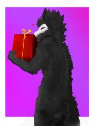 anus archie_(artist) balls black_body black_fur box changed_(video_game) container fur genitals gift_box heart_symbol looking_at_viewer looking_back male puro_(changed) solo