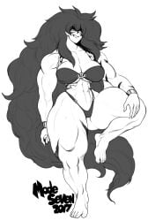 absurdly_long_hair bikini blue_eyes breasts heterochromia highres huge_breasts long_hair monochrome muscular muscular_female non-web_source runo_(smartuju) swimsuit very_long_hair yellow_eyes