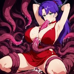 ai_generated armor_hunter_mellowlink blowjob boobjob chained chains cum cum_on_breasts fellatio green_eyes long_hair lulucy_ramon paizuri ponytail purple_hair restrained tentacle titjob