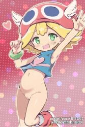 1girls :d amitie blonde_hair blush boots bracelet female female_only green_hair hat mrmgler no_panties open_mouth pussy puyo_puyo puyo_puyo_fever sega shirt sleeveless solo uncensored