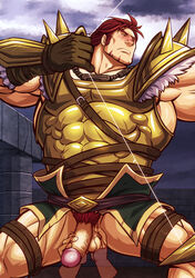 bara blush bottomless dorcas_(fire_emblem) erection facial_hair fire_emblem fire_emblem:_the_blazing_blade gloves handjob male_only muscle penis penis_grab pubic_hair red_hair solo_focus testicle_grab testicles zelo-lee