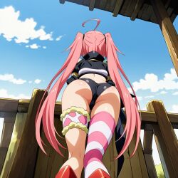 ahoge ai_generated ass asymmetrical_legwear black_jacket black_panties blue_sky boots bridal_garter cameltoe clothing clothing_cutout cloud crop_top cropped_jacket day facing_away female from_behind from_below huge_ass jacket kneepits large_ass legwear long_hair midriff milim_nava outdoors panties pink_hair short_shorts shorts single_thighhigh sky solo standing striped_clothes striped_thighhighs tensei_shitara_slime_datta_ken thick_ass thigh_strap thighhighs thighs twintails underwear very_long_hair