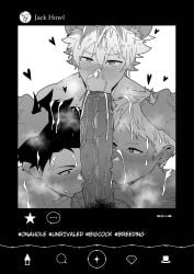 4boys black_and_white blowjob blush cum cum_on_face cum_on_hair doujinshi gay grabbing_hair hyena_ears jack_howl kakenari kalim_al-asim licking magicam necklace only_male oral ruggie_bucchi short_hair social_media sucking_testicles swimwear text twisted_wonderland yuu_(twisted_wonderland) yuuken_enma