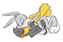 anal anthro avian bird blush buckteeth bugs_bunny closed_eyes daffy_duck duck feathers fur furry gloves hand_on_shoulder lagomorph leg_hug looney_tunes lying male male_only mammal nuzzling on_back rabbit sex simple_background soft_feathers sweat tears teeth torso_grab warner_brothers whiskers yaoi zehn