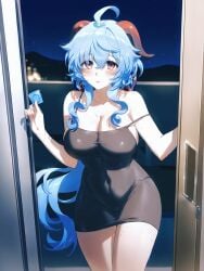 absurd_res ahoge ai_generated alternate_costume bare_shoulders black_dress blue_hair blush breasts cleavage collarbone condom condom_wrapper covered_navel cowboy_shot door doorway dress female ganyu_(genshin_impact) genshin_impact goat_horns gradient_eyes hair_between_eyes holding holding_condom horns large_breasts long_hair looking_at_viewer low_ponytail ministro mountainous_horizon night night_sky open_door opening_door parted_lips pencil_dress pov_doorway purple_eyes short_dress sidelocks sky sleeveless sleeveless_dress solo spaghetti_strap standing strap_slip sweat taut_clothes thighs tight_dress very_long_hair wavy_hair