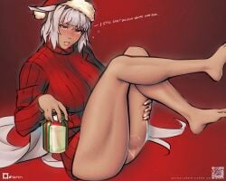 1girls barefoot blue_eyes blush bottomless caenis_(fate) christmas christmas_outfit clothed dark-skinned_female dark_skin deep_skin embarrassed english_text fate/grand_order fate_(series) feet_up female fingernails gift_wrapped grey_hair jar large_breasts legs_up long_hair looking_at_viewer orihalchon pee_in_glass piss_in_glass piss_play red_sweater santa_hat sitting solo sweater_dress talking_to_viewer text thick_thighs turtleneck turtleneck_sweater urine very_long_hair