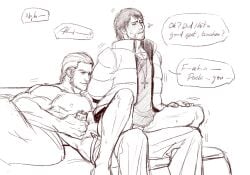 2boys bound_arms bound_wrists closed_eyes dojima_daigo facial_hair gay goda_ryuji jacket male_only minghii monochrome partially_clothed ryuu_ga_gotoku sex short_hair sitting tied_up yakuza_(series) yaoi