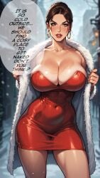 busty caption cleavage fur lara_croft red_dress teasing