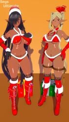 2girls 3d bikini black_hair blonde_hair child_bearing_hips christmas christmas_bikini christmas_outfit cloe_(kuroinu) crotch_tattoo dark-skinned_female dark_elf dark_skin elf elf_ears hi_res kuroinu_~kedakaki_seijo_wa_hakudaku_ni_somaru~ large_breasts mature_female olga_discordia segs_ultimate tan_body tan_skin thick_thighs voluptuous