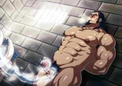 1boy abs against_wall avatar_legends bara blush erection male male_only muscle muscular muscular_male nipples nude pecs penis pubic_hair smooth_skin solo_focus the_legend_of_korra tonraq water water_tribe wince zelo-lee