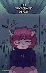 anthro antlers buckteeth clothed clothing cover digital_media_(artwork) femboy fur fzst glory_hole hair hi_res horn lagomorph leporid male mammal pink_body pink_fur pink_hair rabbit red_eyes renita_reed solo sweater teeth text topwear translated