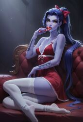 ai_generated candy candy_cane licking licking_candy lingerie overwatch ponytail ragen ragen_nsfw seductive seductive_look socks stockings thighhighs widowmaker