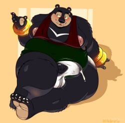 anthro bear belly black_body black_fur blush bodily_fluids bracelet clothing cum cum_in_clothing cum_in_underwear cum_through_clothing cum_through_underwear fur genital_fluids genitals gold_(metal) gold_bracelet gold_jewelry green_eyes hadou_(satsui-n0-had0u) hi_res jewelry lying male mammal moobs nipples overweight overweight_anthro overweight_male penis satsui-n0-had0u shirt solo tank_top thick_thighs topwear underwear wet wet_clothing wet_underwear