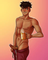 1boy avatar_legends black_hair bludwing clothing color cum cum_in_cup dark-skinned_male dark_skin digital_media_(artwork) erection foreskin foreskin_folds grey_eyes human intact kai_(avatar) male male_nipples male_only male_pubic_hair nickelodeon pants pants_down penis penis_out pubic_hair retracted_foreskin smooth_penis smooth_skin smooth_skinned_male solo the_legend_of_korra topless uncensored uncut