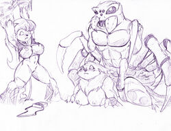 1boy 2girls anthro bondage breasts caitian_(species) crossover digimon from_behind furry imminent_rape large_breasts monochrome monster nipples no_humans onomatopoeia rape renamon sex shiboline_m'ress sketch sound_effects spider spider_web star_trek star_trek_the_animated_series tricorder vulva yawg