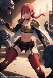 1femboy ai_generated alternate_version_at_source armor braid bulge cape chainsaw_man fantasy femboy fight gloves leather leather_clothing macklemoreey_(artist) makima_(chainsaw_man) midriff monster navel red_hair rule_63 sfw smug thighhighs yellow_eyes