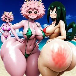 2girls ai_assisted ai_generated beach big_ass civitai huge_ass kalagod mina_ashido my_hero_academia sling_bikini slingshot_swimsuit spanked_butt swimsuit tsuyu_asui