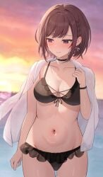 1girls beach bikini breasts brown_eyes brown_hair female_focus female_only loulis project_sekai shinonome_ena short_hair solo solo_female solo_focus swimsuit