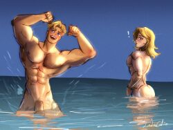 2boys ass blonde_hair blonde_male blue_eyes bottomless bottomless_male cooling_off femboy flexing flexing_bicep george_van_der_star hot in_water lalacatio02 long_hair long_hair_male male male_only masculine muscular muscular_male no_pubic_hair nude nude_male oc original_character peeking_penis penis penis_peek shaft shiny_ass short_hair_male stuart_van_der_star water