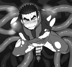 akihiro_altland anal bara blush cum erection gundam lifting male male_focus male_only monochrome monster penetration penis restrained saliva solo_focus sweat tentacle torn_clothes