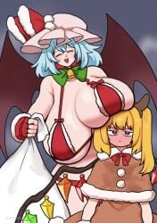 2girls big_breasts bigger_female blonde_female blonde_hair blue_hair blue_hair_female blush breast_size_difference breasts breasts_bigger_than_head christmas christmas_outfit clothed clothed_female clothing dobolonge female flandre_scarlet flat_chest fully_clothed height_difference huge_breasts humanoid implied_incest incest larger_female light-skinned_female light_skin mature_female milf remilia_scarlet sister sisters size_difference small_breast thighs touhou touhou_project vampire vampire_girl yuri