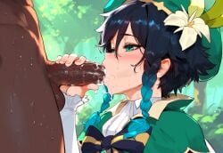 2boys ai_generated blue_eyes blue_hair dark-skinned_male fellatio forest gay genshin_impact huge_cock interracial trap venti_(genshin_impact)