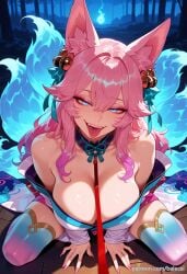 ahri ahri_(league_of_legends) ai_generated animal_ear_fluff animal_ears balecxi bare_shoulders blue_eyes cleavage fangs female fingernails fox_ears fox_girl fox_tail hair_bell hair_between_eyes hair_ornament japanese_clothes kimono large_breasts league_of_legends leash long_hair looking_at_viewer multiple_tails patreon_username pink_hair pink_nails smile solo spirit_blossom_ahri spirit_blossom_series teeth thighhighs tongue tongue_out viewer_holding_leash whisker_markings