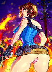 armband ass back_view blue_eyes brown_hair cameltoe capcom clothed earrings fire gun hi_res holding_object holster jill_valentine jill_valentine_(julia_voth) looking_at_viewer looking_back miniskirt night outdoors pinup pose resident_evil resident_evil_3 short_hair smile tubetop xdtopsu01 zombie