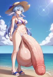 ai_generated animeboi111 beach beach_hat bikini futanari gigantic_penis gigantic_testicles hyper_penis robin_(honkai:_star_rail)