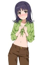 1girls ai_generated belly_button blush cleavage green_shirt itsuwa light-skinned_female light_skin looking_at_viewer navel open_clothes short_hair solo_female to_aru_majutsu_no_index