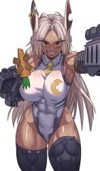 1girls abs bare_shoulders bare_thighs big_breasts clothed clothing color dark-skinned_female dark_skin female female_focus female_only fit_female gamjasssak hi_res large_breasts long_hair looking_at_viewer miruko muscles muscular muscular_female muscular_legs my_hero_academia red_eyes rumi_usagiyama scar solo solo_female tagme thick_thighs white_hair