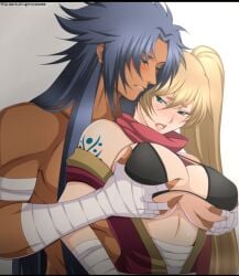 1boy 1boy1girl 1girls :o big_breasts blonde_hair blue_eyes blue_hair blush bra breast_grab crane_yuzuriha female gemini_defteros gold_saints groping groping_breasts ingridd88 long_hair male muscular open_mouth ponytail saint_seiya saint_seiya:_the_lost_canvas silver_saints size_difference spiky_hair tan_body underboob wrapped_arms