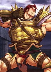 bara blush dorcas_(fire_emblem) facial_hair fire_emblem fire_emblem:_the_blazing_blade gloves male_only muscle penis pubic_hair red_hair solo_focus testicles underwear undressing zelo-lee