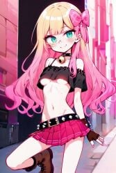 actualtrashhuman ai ai_generated alexis_woodrider alt_girl aqua_eyes bangs bare_midriff bare_shoulders bell_collar belt black_topwear blonde_hair blonde_to_pink_hair boots bow_in_hair choker crop_top fingerless_gloves freckles golden_hair gradient_hair groin hairbow lace-up_boots midriff miniskirt multicolored_hair navel off-shoulder_shirt ombre_hair plaid_skirt pleated_skirt punk_girl red_skirt revealing_clothes sadistic_girl skimpy_clothes skirt slender_body slender_waist slutty_outfit tartan_skirt two_tone_hair underboob wavy_hair y2k