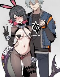 1boy 1girls breasts bunny_ears chains cum_on_body ellen_joe female leash leash_and_collar leash_pull maledom peace_sign punk punk_girl sex_slave shark_girl shark_tail short_hair slave slavegirl submissive submissive_female wise_(zenless_zone_zero) zenless_zone_zero