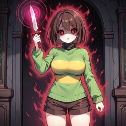 @_@ ai_generated brainwashed brainwashing brown_hair brown_shorts chara dark_aura green_shirt hypnosis knife mind_control striped_shirt undertale undertale_(series)