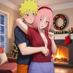 1boy 1girls ai_generated alternate_hairstyle arm_around_neck bangs before_sex blue_eyes breasts chimney christmas christmas_lights christmas_tree cleavage couch cuddling female grabbing_from_behind green_eyes hairband indoors living_room long_hair looking_at_another looking_at_partner male male/female naruto naruto_(series) naruto_shippuden naughty_face night no_bra no_bra_under_clothes pants pink_hair post-timeskip romantic_couple sakura_haruno shirt short_hair shoulder_length_hair skirt snowing teenage_couple undressing uzumaki_naruto window yellow_hair zipper zipper_down zipper_pull_tab