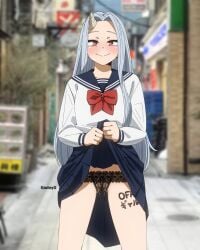 1girl :) aged_up black_panties blue_hair blue_sailor_collar blush boku_no_hero_academia clothes_lift cute eri_(my_hero_academia) felipe_godoy female female_focus female_only grown_up horn lifting_own_clothes lingerie long_hair looking_at_viewer my_hero_academia naughty_face panties presenting presenting_pussy public public_exposure public_indecency red_eyes sailor_fuku sailor_uniform school_uniform schoolgirl serafuku single_horn skirt skirt_lift smiles smiling_at_viewer solo teen teen_girl teenage_girl teenager thighs timeskip underwear young young_female