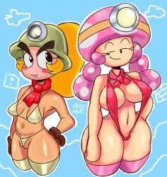 2girls 5tflldartist5 bikini blonde_hair cute_fang female_only goomba goombella mario_(series) nintendo paper_mario paper_mario:_the_thousand-year_door pink_hair ponytail smug superman_(series) thick_thighs toadette twintails