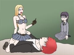 1boy 1boy2girls 2girls 2girls1boy actualtrashhuman akabane_karma assassin assassination_classroom bare_shoulders belt bikini_top blonde_hair boots choker clothed_sex cucked_by_friend cuckquean gloves groin humiliation implied_penetration implied_sex jealous jealousy long_hair middle_finger miniskirt nakamura_rio navel nerdy_female okuda_manami pleated_skirt reverse_netorare skimpy_clothes skirt slutty_outfit uniform