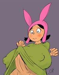 1futa 2016 alternate_breast_size balls black_hair blush bob's_burgers breast_expansion breasts bunny_ears bunny_hood busty cleavage erect_nipples erection futa_only futanari godalmite huge_breasts intersex louise_belcher nipple_bulge nipples penis penis_under_skirt sequence shock short_hair solo sweat testicles voluptuous