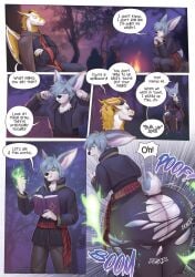 anthro arcti_(snaxoverflow) aslinino ass ass_growth big_butt black_nose blonde_hair blue_body blue_fur butt_expansion canid canine canis clothed clothes_bursting clothing comic dialogue domestic_dog dragon duo english_text expansion fantasy fully_clothed fur hair hi_res huge_butt hybrid lagomorph leporid magic magic_spell male mammal mythological_creature mythological_scalie mythology rabbit scalie shocked sitting text wardrobe_malfunction white_body white_fur