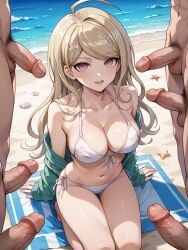 akamatsu_kaede beach danganronpa danganronpa_v3 horny surrounded_by_penises swimsuit