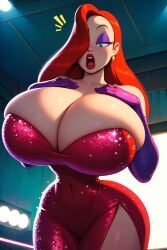 ai_generated big_breasts breast_expansion curvy curvy_figure dress eyeshadow gloves green_eyes hair_over_one_eye huge_breasts jessica_rabbit large_breasts long_hair looking_at_breasts massive_breasts orange_hair purple_eyes purple_gloves red_dress red_hair scarebroart thick thick_thighs voluptuous voluptuous_female who_framed_roger_rabbit wide_hips