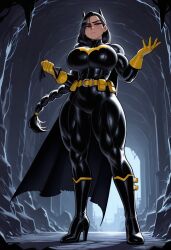 1girl ai_generated batcave batman_(bruce_wayne) batman_(series) big_breasts black_hair muscular_female ponytail rule_63 solo very_long_hair
