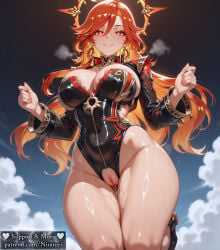 1girl absurd_res ahoge ai_generated artist_name ass_visible_through_thighs bangs black_leotard blush breasts cleavage cleft_of_venus clothing clothing_cutout cloud colored_inner_hair covered_navel earrings female female_only genshin_impact grin hair_between_eyes halo highleg highleg_leotard jewelry large_breasts leotard long_hair long_sleeves looking_at_viewer mavuika_(genshin_impact) multicolored_hair navel niraniri orange_hair parted_lips patreon_username pussy pussy_juice red_eyes red_hair shiny_clothes shiny_skin shrug_(clothing) sky smile solo strapless strapless_leotard thick_thighs thigh_gap thighs two-tone_hair vagina
