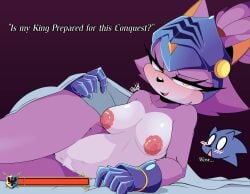 1girls alternate_version_available animal_ears anthro areolae armor armored_gloves blaze_the_cat bottomless breasts cat_ears english english_text feline female female_focus fur gloves half-closed_eyes headwear helmet hips horny_cheese27 inviting_under_covers naked naked_female nipples nude nude_female on_bed on_side purple_body purple_skin seductive seductive_look sega sheet_grab sir_percival_(sonic_and_the_black_knight) small_breasts sonic_(series) sonic_and_the_black_knight sonic_the_hedgehog_(series) text topless video_game_mechanics yellow_eyes