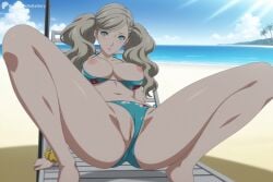 1girl ai_generated ann_takamaki beach bikini bikini_bottom_aside blonde_hair blue_eyes blue_sky blush breasts breasts_out chair closed_mouth clothes_pull clothing_aside cloud collarbone day digitalwaifugallery hair_ornament hairclip hi_res high_quality high_resolution jewelry large_breasts leaning_back long_hair looking_at_viewer navel nipples ocean outdoors patreon patreon_username persona_5 pussy scrunchie seductive sexy sky solo spread_legs swept_bangs swimsuit thighs tree twintails uncensored watermark wrist_scrunchie yellow_scrunchie