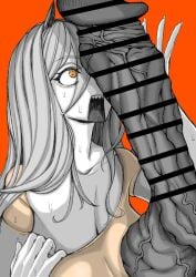 1girls chainsaw_man female female_focus female_only huge_breasts huge_cock looking_at_penis monster_cock open_mouth penis_awe power_(chainsaw_man) surprise surprised sweat sweating sweaty sweaty_body
