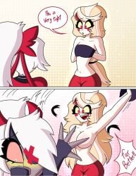 belly belly_button black_clothing blush blushing boobs breasts charlie_morningstar_(hazbin_hotel) grey_body hands_covering_breasts hazbin_hotel hellaverse long_hair open_mouth red_eyes red_pants tagme the_titan_draw tits vaggi_(hazbin_hotel) vaggie_(hazbin_hotel) very_long_hair white_body white_hair